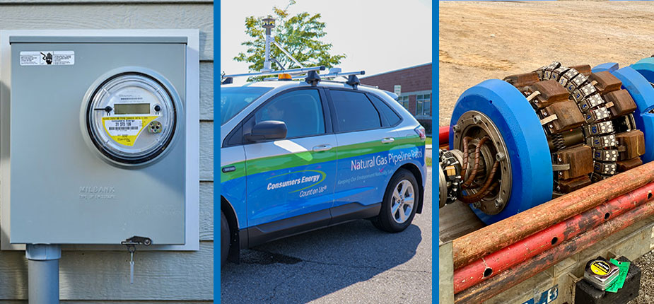 Image showcasing three innovations Consumers Energy is using to improve natural gas reliability – updated meters, line inspections and smart PIGs